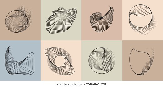 Art composition with lines in circle and semi circle shapes .Modern art design .Neutral color stripes .Transition speed lines. Geometric shape. Wall art
