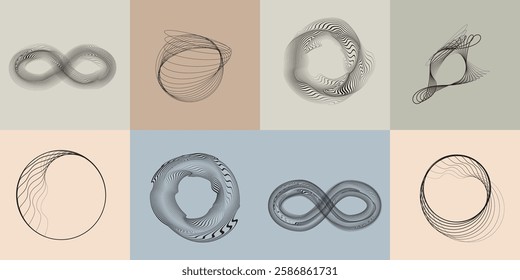 Art composition with lines in circle and semi circle shapes .Modern art design .Neutral color stripes .Transition speed lines. Geometric shape. Wall art
