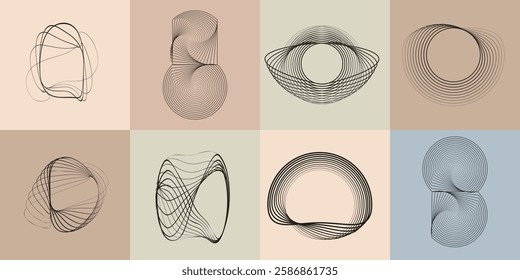 Art composition with lines in circle and semi circle shapes .Modern art design .Neutral color stripes .Transition speed lines. Geometric shape. Wall art
