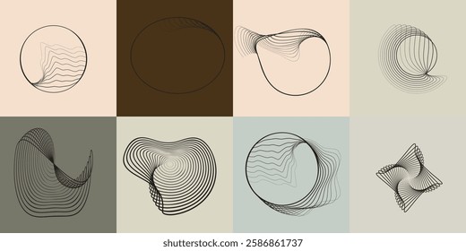 Art composition with lines in circle and semi circle shapes .Modern art design .Neutral color stripes .Transition speed lines. Geometric shape. Wall art

