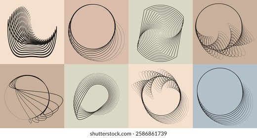 Art composition with lines in circle and semi circle shapes .Modern art design .Neutral color stripes .Transition speed lines. Geometric shape. Wall art
