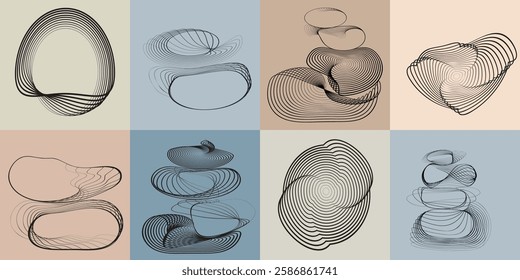 Art composition with lines in circle and semi circle shapes .Modern art design .Neutral color stripes .Transition speed lines. Geometric shape. Wall art
