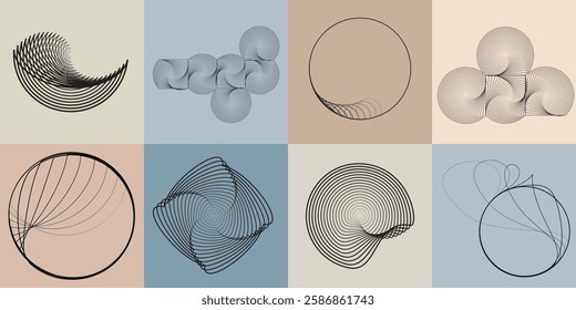 Art composition with lines in circle and semi circle shapes .Modern art design .Neutral color stripes .Transition speed lines. Geometric shape. Wall art
