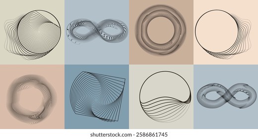 Art composition with lines in circle and semi circle shapes .Modern art design .Neutral color stripes .Transition speed lines. Geometric shape. Wall art
