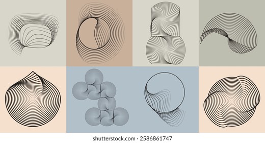 Art composition with lines in circle and semi circle shapes .Modern art design .Neutral color stripes .Transition speed lines. Geometric shape. Wall art
