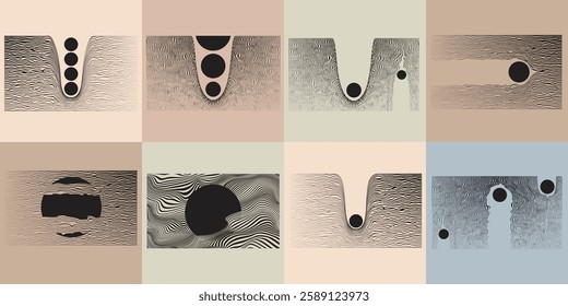 Art composition with lines in circle and semi circle shapes .Modern art design .Neutral color stripes .Transition speed lines. Geometric shape. Wall art

