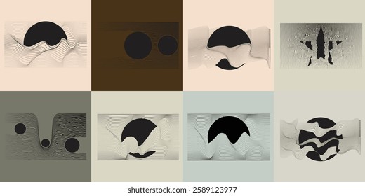 Art composition with lines in circle and semi circle shapes .Modern art design .Neutral color stripes .Transition speed lines. Geometric shape. Wall art

