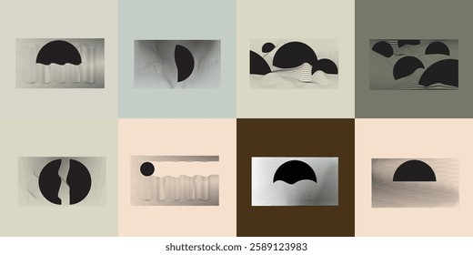 Art composition with lines in circle and semi circle shapes .Modern art design .Neutral color stripes .Transition speed lines. Geometric shape. Wall art

