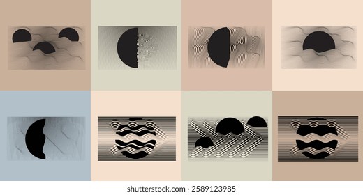 Art composition with lines in circle and semi circle shapes .Modern art design .Neutral color stripes .Transition speed lines. Geometric shape. Wall art

