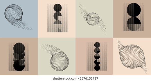 Art composition with lines .Modern art design .Neutral color stripes .Transition speed lines .Bauhaus art style .Geometric shape. Wall art .