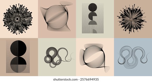 Art composition with lines .Modern art design .Neutral color stripes .Transition speed lines .Bauhaus art style .Geometric shape. Wall art .
