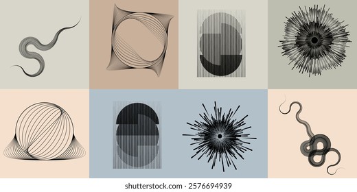 Art composition with lines .Modern art design .Neutral color stripes .Transition speed lines .Bauhaus art style .Geometric shape. Wall art .