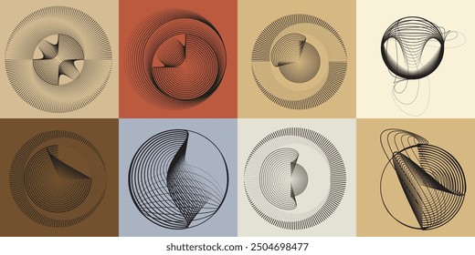 Composición de arte con líneas, círculos, espiral. Diseño de arte moderno. Elementos de diseño de Vector. Líneas de transición. Estilo Bauhaus. Formas geométricas. Arte de la pared.