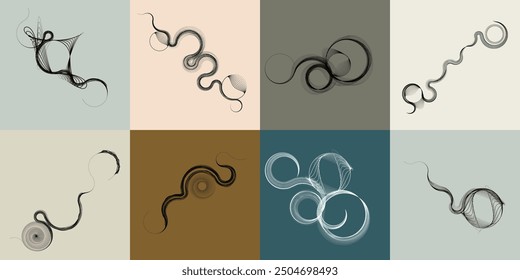 Art composition with lines,circles, spiral.Modern art design .Vector design elements .Transition  lines .Bauhaus style .Geometric shapes. Wall art .