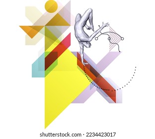 Art composition. Man falls down from a height. Jumping man. Gymnastics activities for icon health and fitness community. Transparency geometrical background. Cover design template.