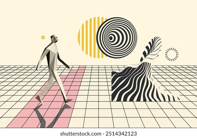 Composición artística. Ola oceánica. Un hombre Abstractas dando un paso adelante. Una persona caminando por la carretera. Modelo de cuerpo humano 3D. Concepto de liderazgo o desarrollo. Diseño para portada, tarjeta, folleto o presentación.