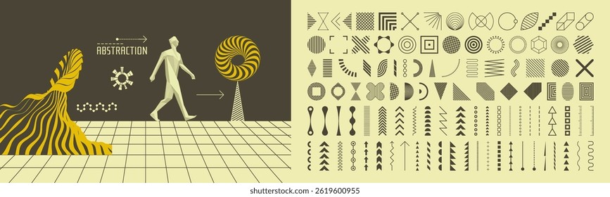 Art composition. Ocean wave. Abstract man stepping forward. One person walking on the road. 3D human body model. Leadership or development concept. Icon set. Collection of different graphic elements. 