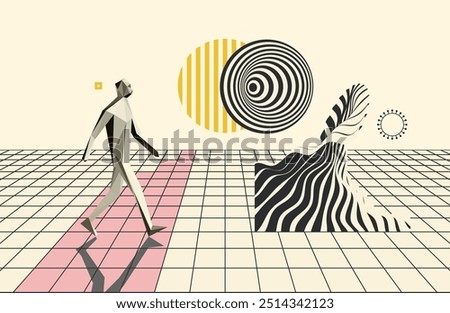 Art composition. Ocean wave. Abstract man stepping forward. One person walking on the road. 3D human body model. Leadership or development concept. Design for cover, card, brochure or presentation.