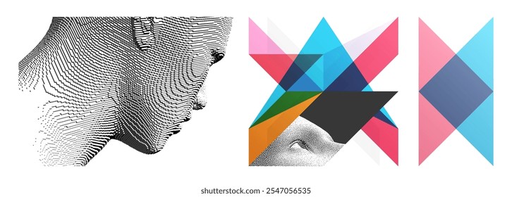 Art composition. The researcher is observing something. Stipple and voxel effect. Abstract transparency geometrical background. Digital human head. 3D vector for presentation, banner or brochure.