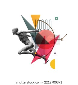 Art composition. Running man or marathon runner. 3D human body model. Design for sport. Transparency geometrical background. Cover design template for presentation, poster, cover or brochure.