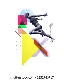 Art composition. Running man or marathon runner. 3D human body model. Design for sport. Transparency geometrical background. Cover design template for presentation, poster, cover or brochure.