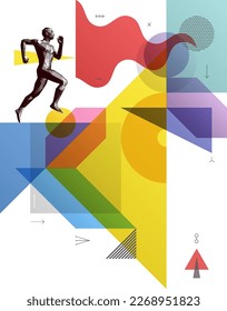 Kunstkomposition. Laufender Mann oder Marathonläufer. 3D-Modell des menschlichen Körpers. Design für den Sport. Geometrischer transparenter Hintergrund. Design-Vorlage für Präsentation, Poster, Cover oder Broschüre.