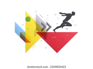 Composición artística. Correr o maratón corredor. Modelo de cuerpo humano 3D. Diseño deportivo. Fondo geométrico de transparencia. Plantilla de diseño de portada para presentación, afiche, portada o folleto.