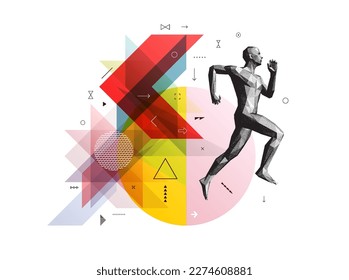 Art composition. Running man or marathon runner. 3D human body model. Design for sport. Transparency geometrical background. Cover design template for presentation, poster, cover or brochure.