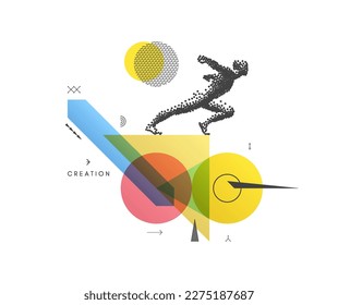 Art composition. Running man or marathon runner. 3D human body model. Design for sport. Transparency geometrical background. Cover design template for presentation, poster, cover or brochure.
