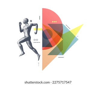 Art composition. Running man or marathon runner. 3D human body model. Design for sport. Transparency geometrical background. Cover design template for presentation, poster, cover or brochure.