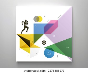 Art composition. Running man or marathon runner. 3D human body model. Design for sport. Transparency geometrical background. Cover design template for presentation, poster, cover or brochure.