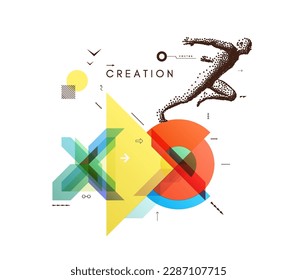 Art composition. Running man or marathon runner. 3D human body model. Design for sport. Transparency geometrical background. Cover design template for presentation, poster, cover or brochure.