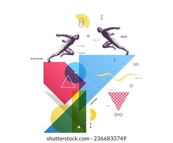 Art composition. Running man or marathon runner. 3D human body model. Design for sport. Transparency geometrical background. Cover design template for presentation, poster, cover or brochure.