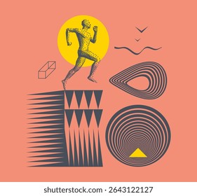 Art composition. Running man or marathon runner. 3D human body model. Design for sport. Geometric pattern. Abstract circular design elements. Vector for presentation, poster, cover or brochure.