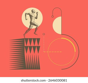 Art composition. Running man or marathon runner. 3D human body model. Design for sport. Geometric pattern. Abstract circular design elements. Vector for presentation, poster, cover or brochure.