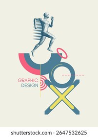 Art composition. Running man or marathon runner. Leadership, freedom or development concept. 3D human body model. Design for sport. Geometric pattern. Vector for presentation, poster, cover, brochure.