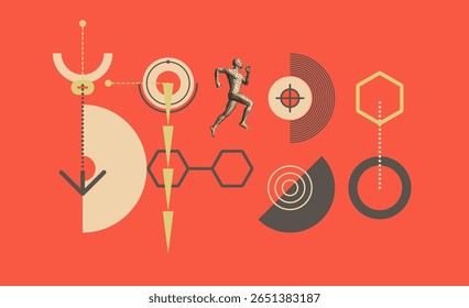 Composição artística. Corredor de homem ou de maratona. Modelo de corpo humano 3D. Design para o esporte. Padrão geométrico. Elementos abstratos de design circular. Vetor para apresentação, cartaz, capa ou brochura.