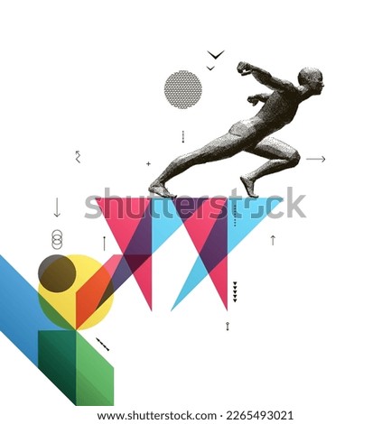 Art composition. Running man or marathon runner. 3D human body model. Design for sport. Transparency geometrical background. Cover design template for presentation, poster, cover or brochure.