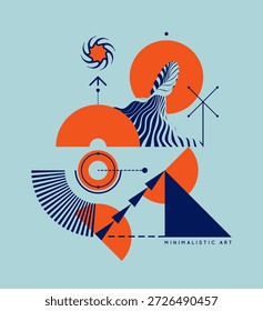 Composição artística. Onda do mar, moinho de vento e figuras geométricas. Modelo de design de capa. Ilustração vetorial para brochura, cartaz, apresentação, folheto, diário, caderno ou bloco de notas.