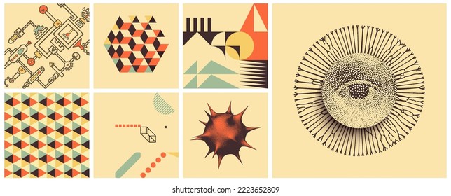 Art composition. Sheme. Mosaic. Abstract geometric background with cubes. Symbol with all seeing eyes. 3D illustration for brochure, poster, presentation or banner.