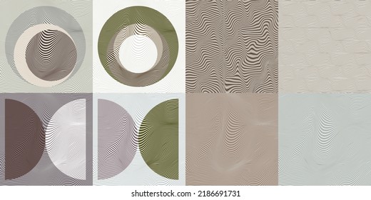 Art composition with wavy lines .Modern art design .Neutral color stripes .Transition circle lines .Bauhaus art style .Geometric shape. Wall art .