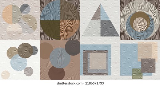 Composición de arte con líneas onduladas .Diseño de arte moderno .Bandas de color neutra .Líneas de círculo de transición .Estilo de arte Bauhaus .Forma geométrica. Arte mural.