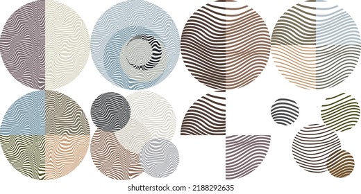 Composición de arte con líneas onduladas .Diseño de arte moderno .Bandas de color neutra .Líneas de círculo de transición .Estilo de arte Bauhaus .Forma geométrica. Arte mural.