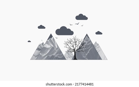 Kunstkonzept. Abstrakte Berge mit Wolken. Silhouette eines Baumes.