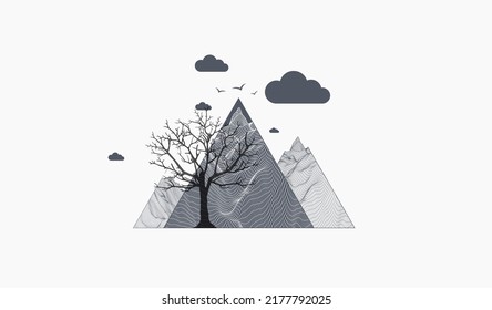 Art concept. Abstract mountains with clouds. Silhouette of a tree.