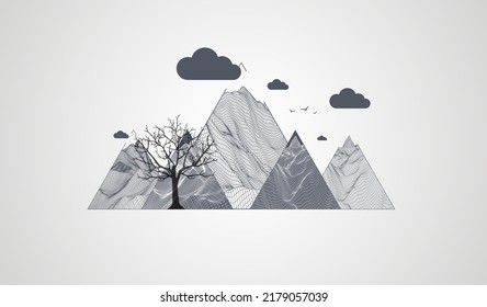 Art concept. Abstract mountains with clouds. Silhouette of a tree.