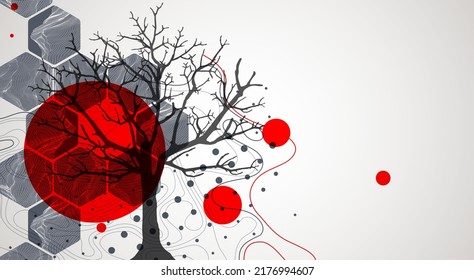 Concepto de arte. Las montañas abstractas se forman con la silueta de un árbol.
