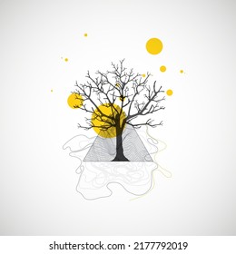 Concepto de arte. Las montañas abstractas se forman con la silueta de un árbol.