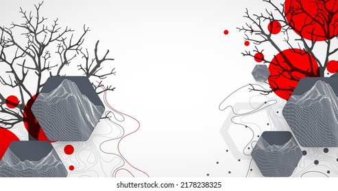 Art concept. Abstract mountains forms with Silhouette of a tree.