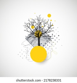 Art concept. Abstract mountains forms with Silhouette of a tree.